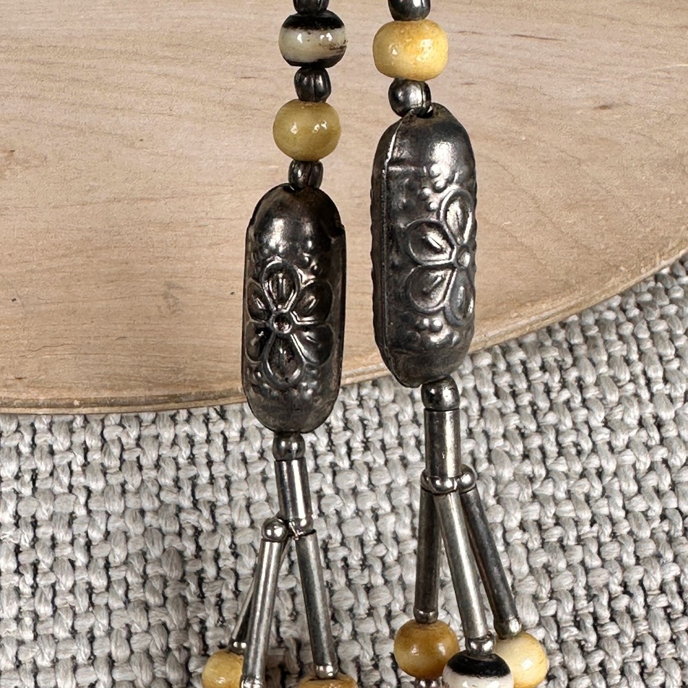 Vintage 70s Earthy Multi Strand Necklace Carnelian Agate Bone Silver Metal Beads - Picture 9 of 12